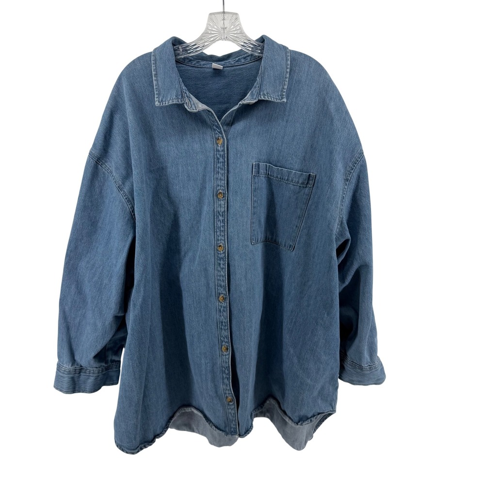 Old Navy Womens 3X Blue Denim Button Down Shirt Oversized Long Sleeve Shacket - Picture 1 of 5
